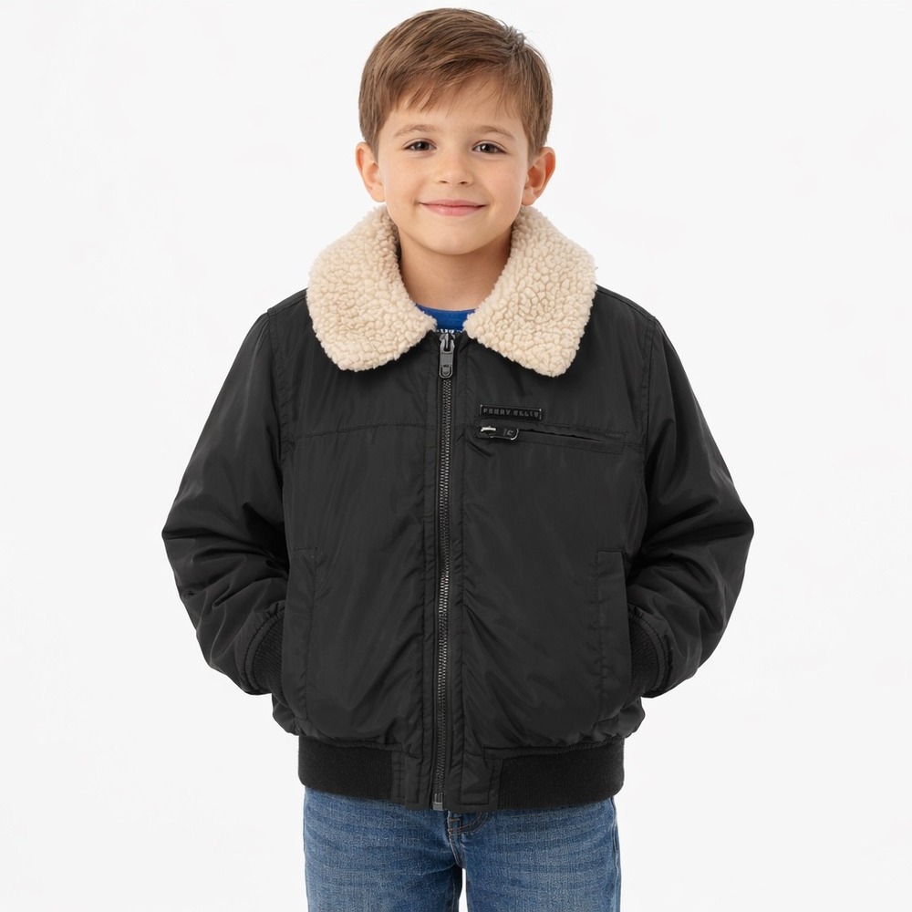 Perry Ellis Boy Black Bomber Jacket Sherpa Collar Size 8 PB933225